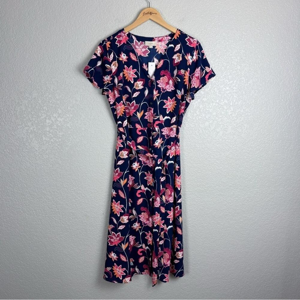 Loft NWT Floral Tie Waist Dress Navy Blue & Pink 10 Spring Romantic Button Front - Picture 2 of 13